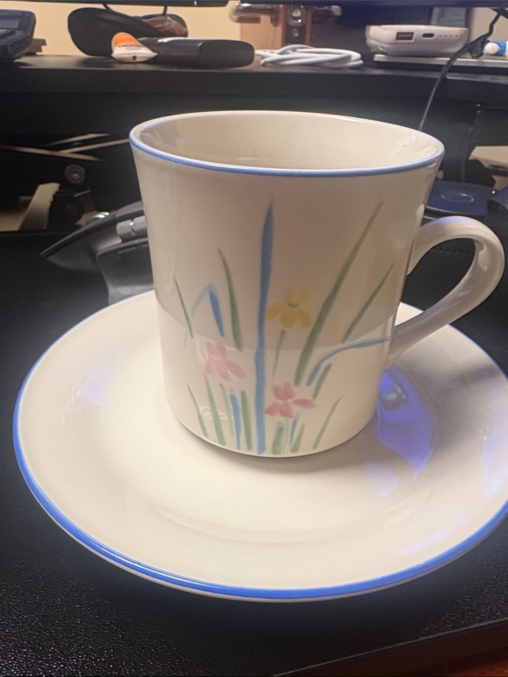 Sango Floral Ceramic Mug and Saucer - White with Blue Trim